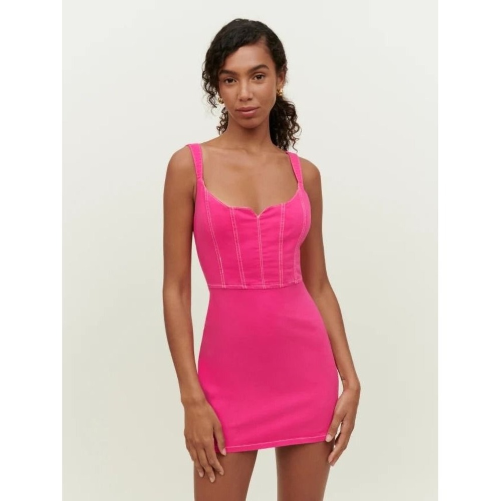 Reformation Jeans Pink Denim Contrast Stitch Corset Mini Dress Size 2 Zip Back